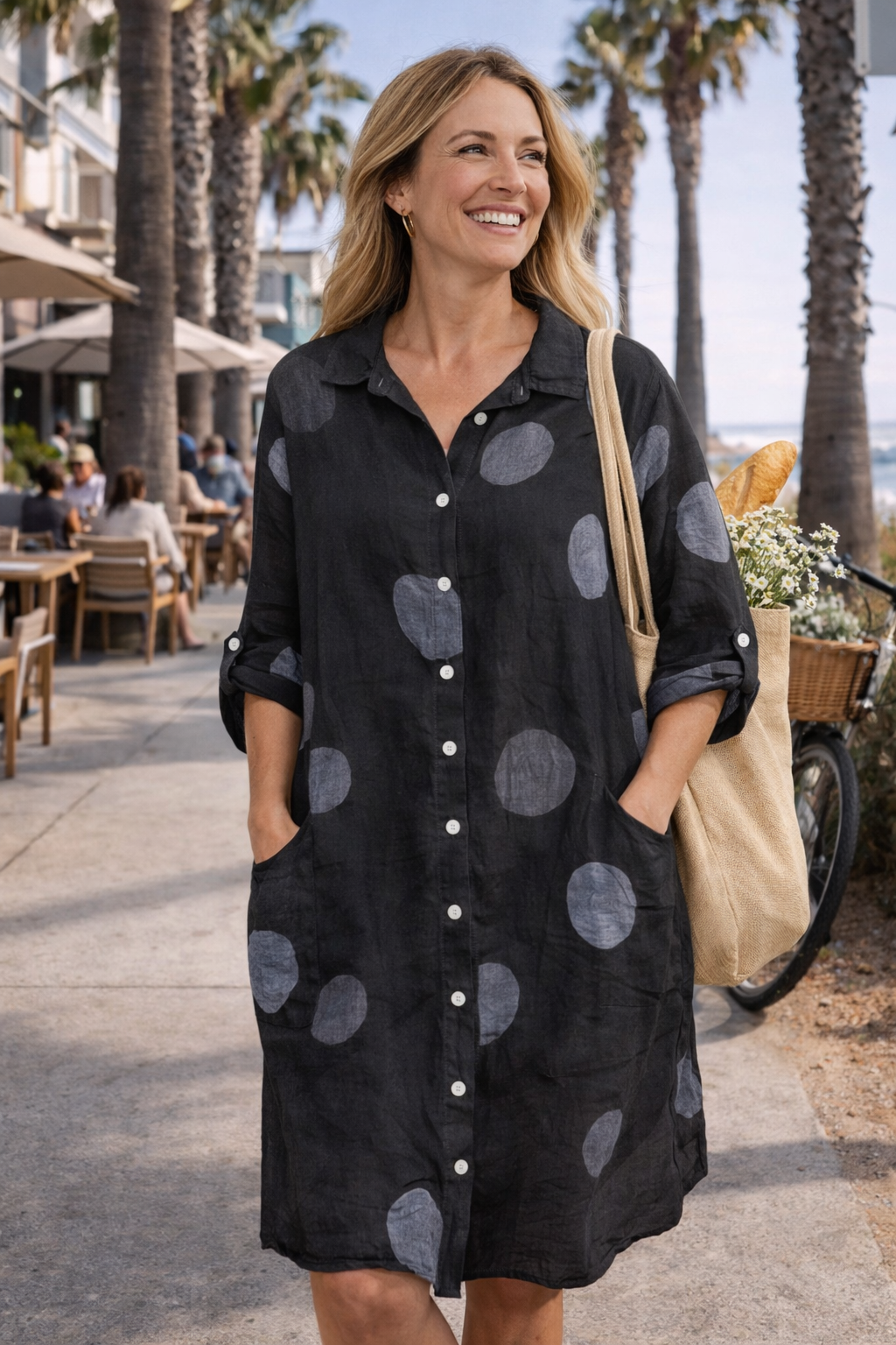 Linen Button-Front Polka Dot Dress
