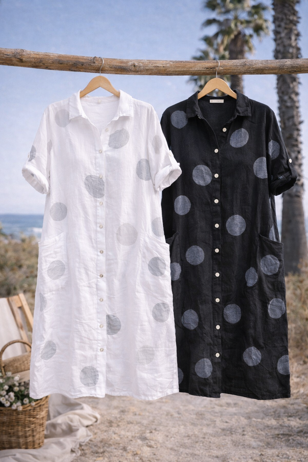 Linen Button-Front Polka Dot Dress