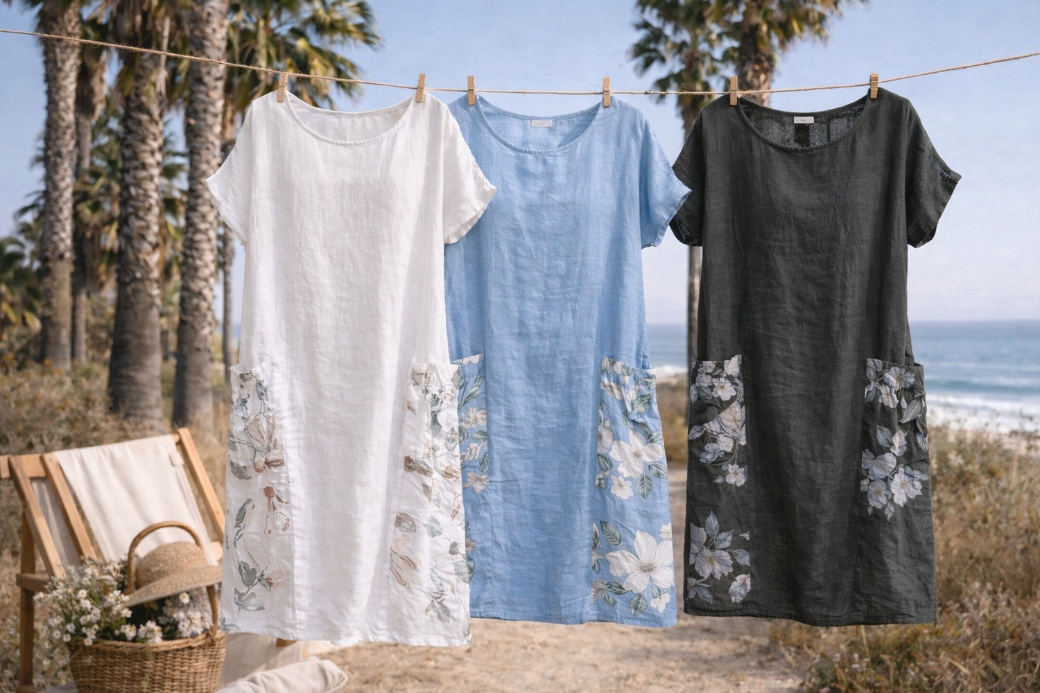 French Linen Dress with Floral Pockets