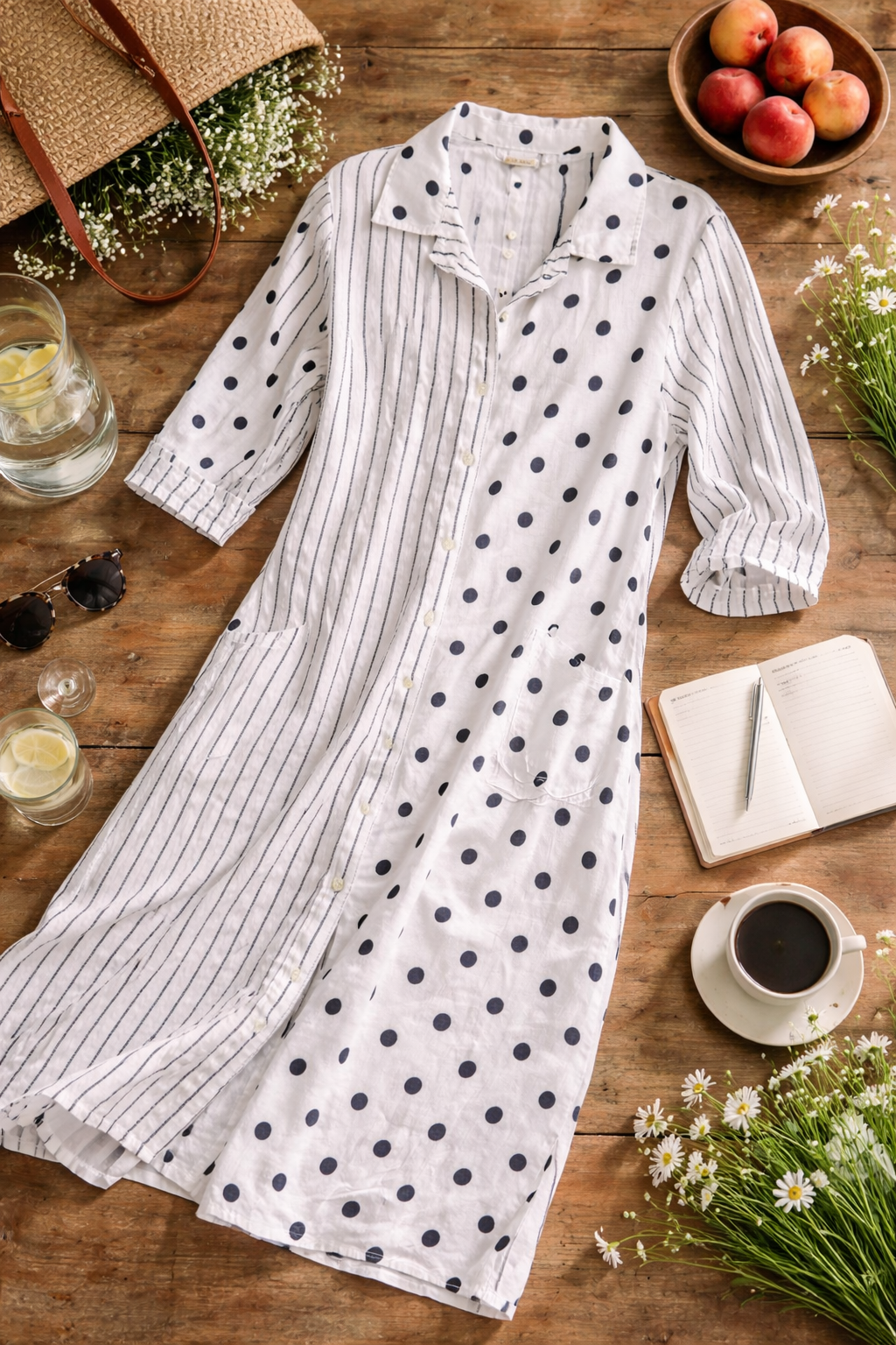 French Linen Shirt Dress with Polka Dots & Stripes