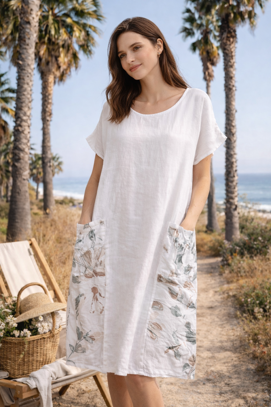 French Linen Dress with Floral Pockets