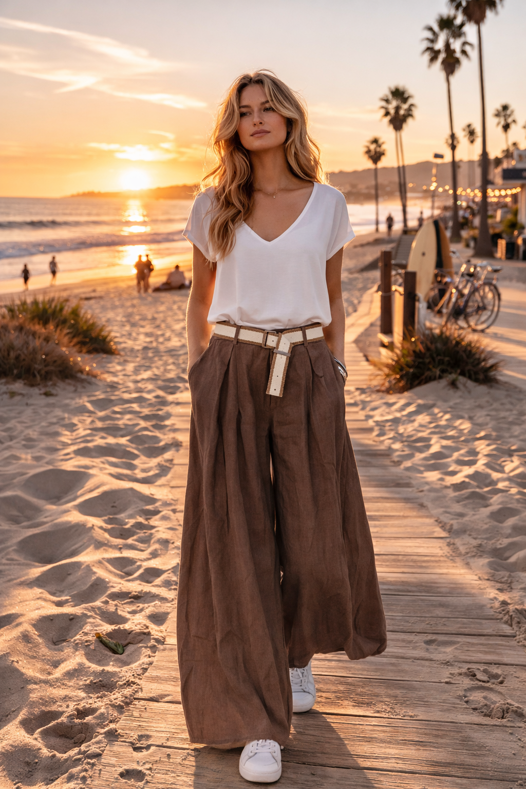 Linen Wide-Leg Pants with Belt