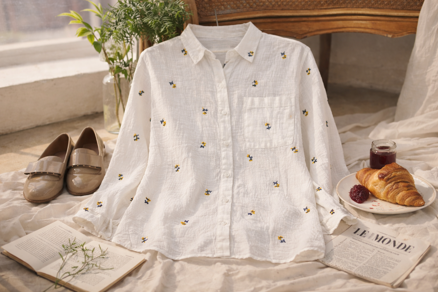 The floral embroidery linen shirt