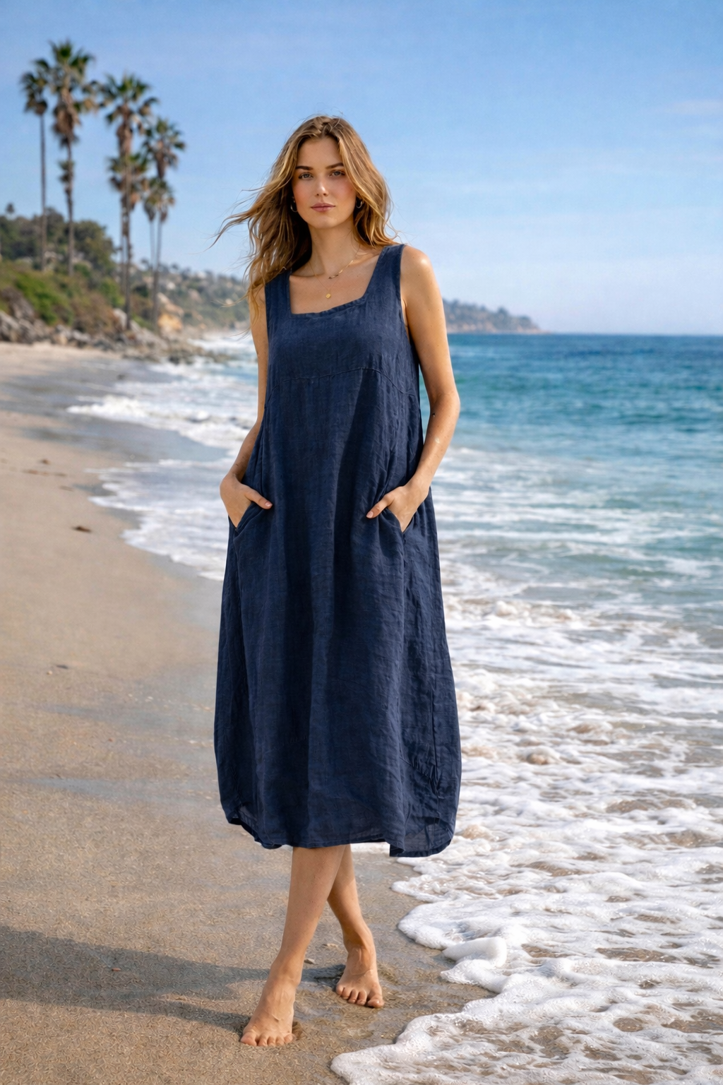 Sleeveless Linen Beach Dress with Pockets