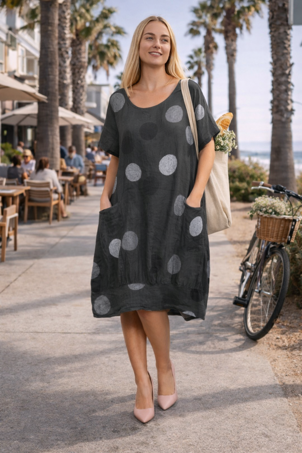 Blue Polka Dot Linen Dress – Relaxed California Style