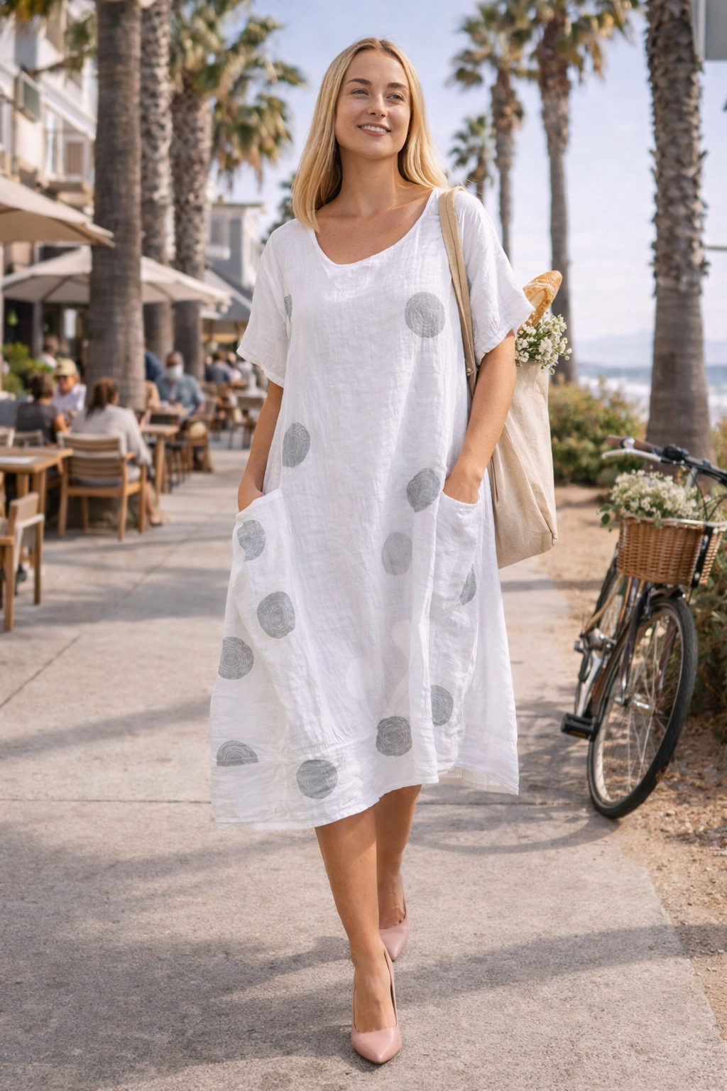 Blue Polka Dot Linen Dress – Relaxed California Style