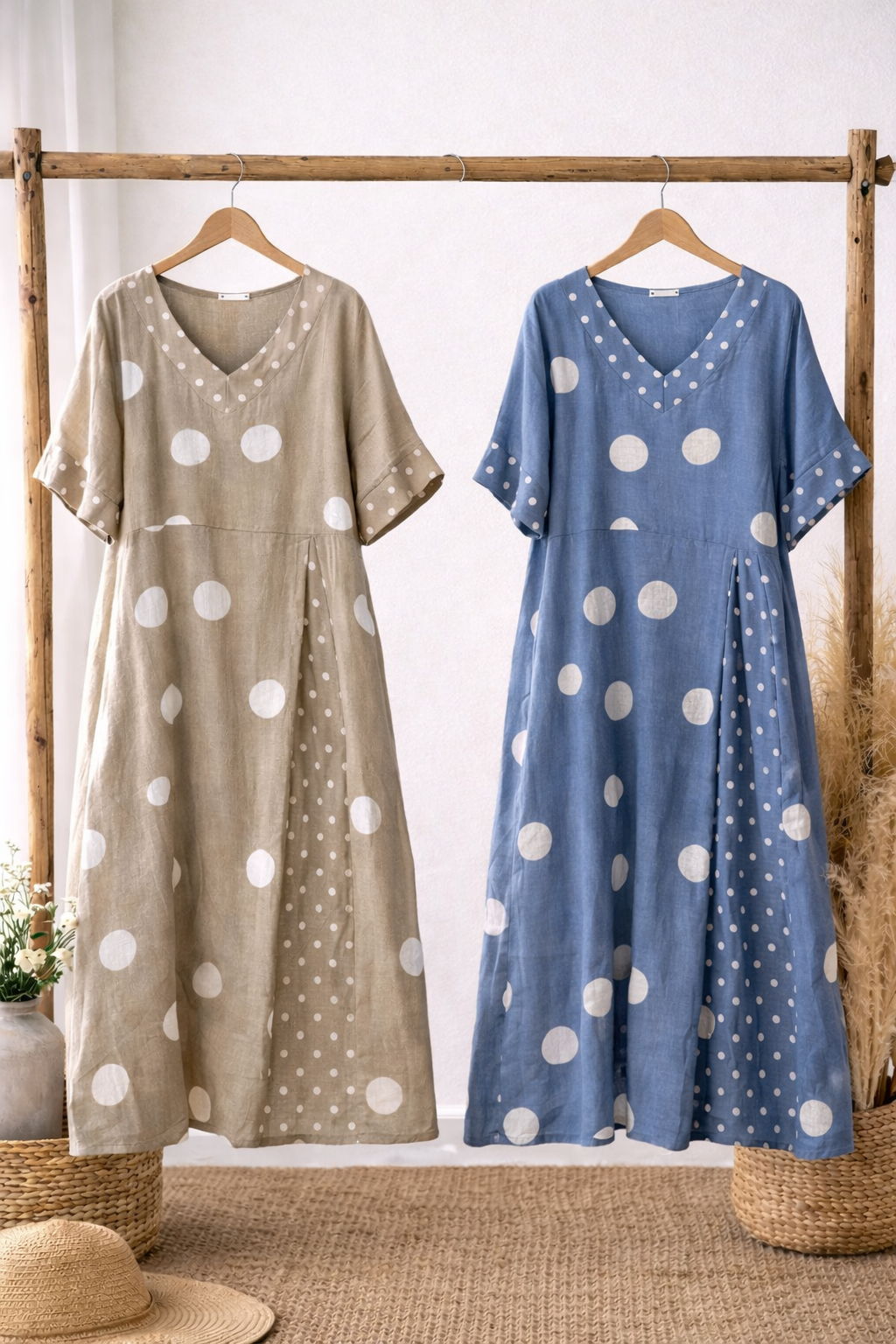 Polka Dot Linen Midi Dress