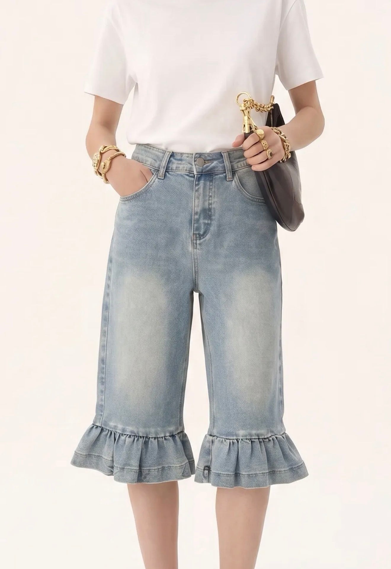 Denim ruffle Cropped pant