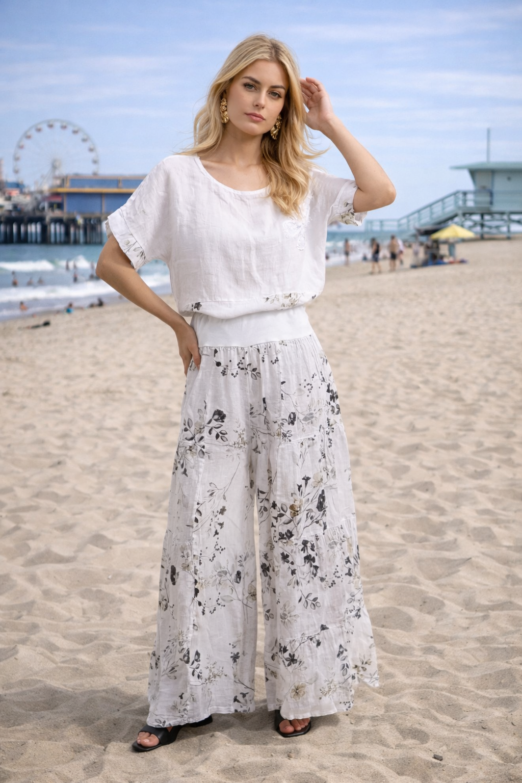 Lightweight linen Floral Wide-Leg Pants