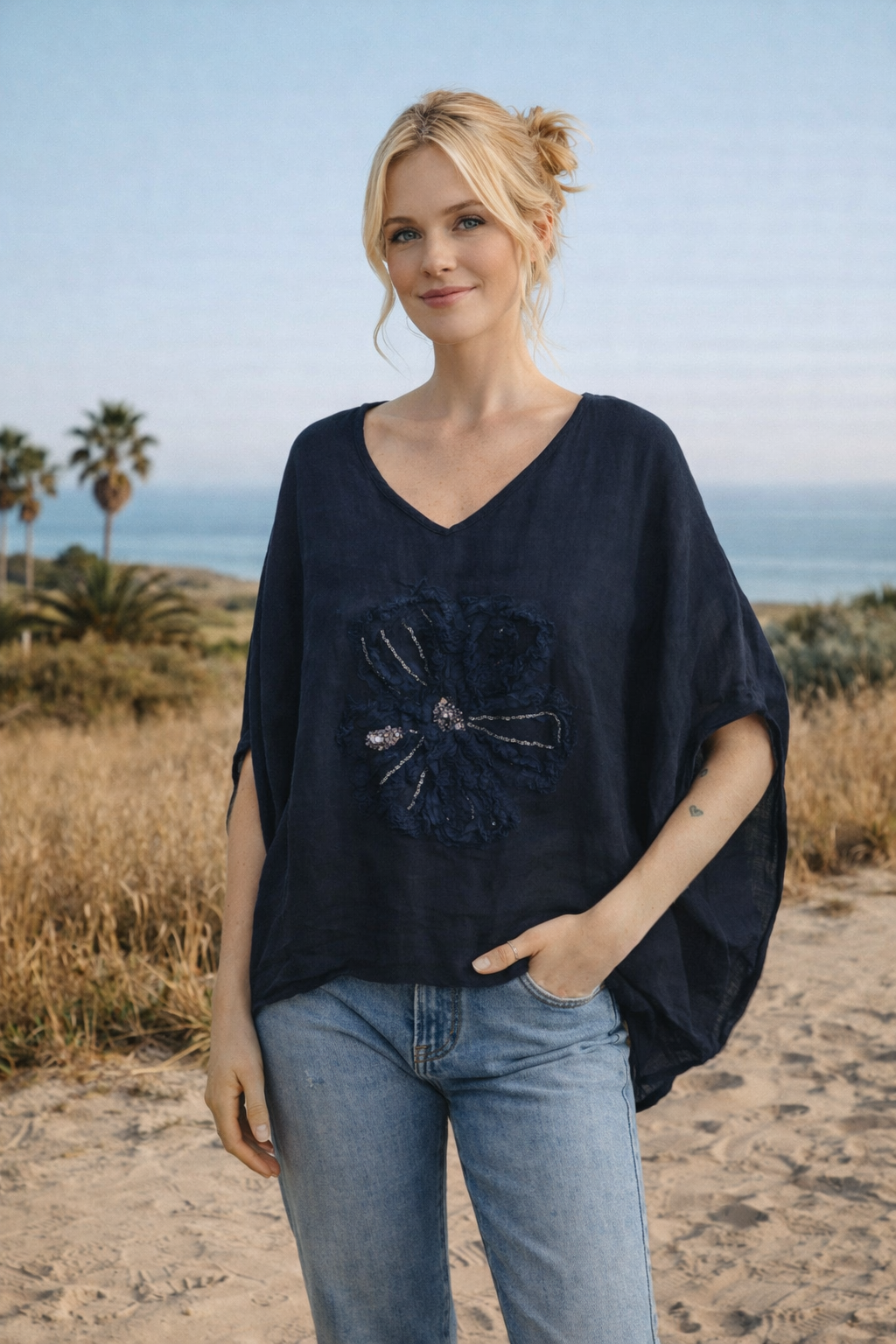 Linen Floral Appliqué Top – Relaxed Fit, Lightweight & Breathable