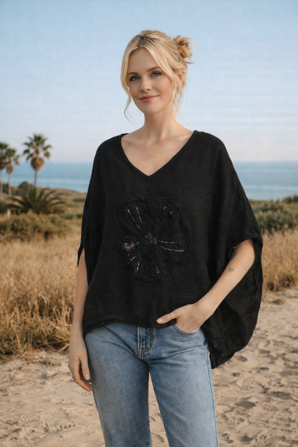 Linen Floral Appliqué Top – Relaxed Fit, Lightweight & Breathable