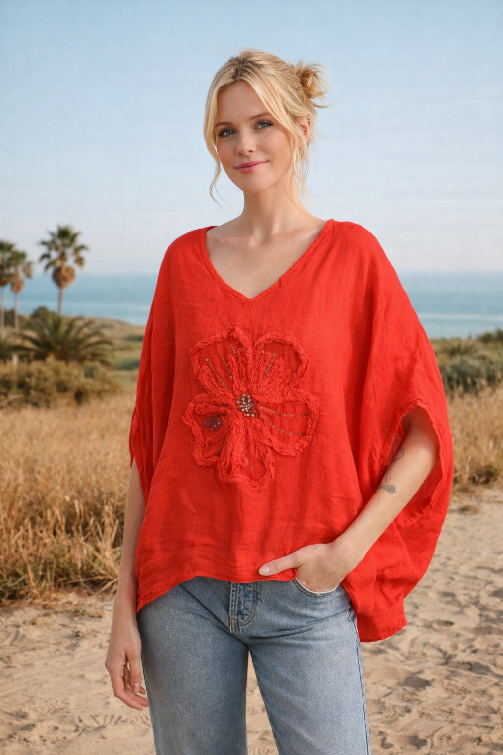 Linen Floral Appliqué Top – Relaxed Fit, Lightweight & Breathable