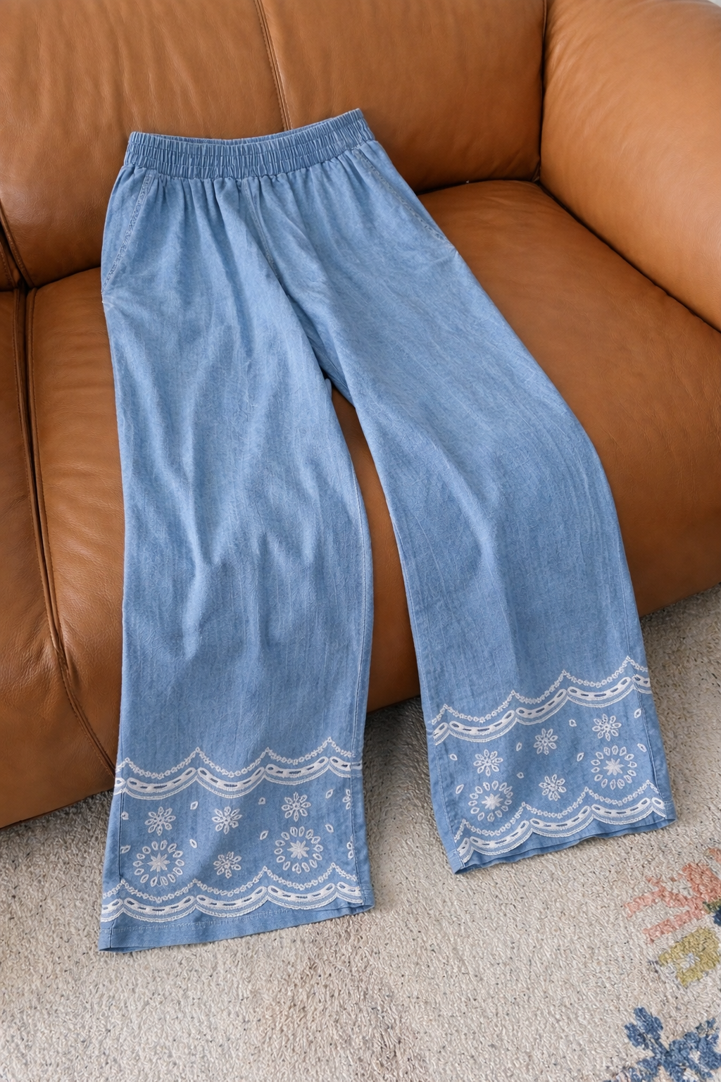 Blue Embroidered Wide-Leg Pants