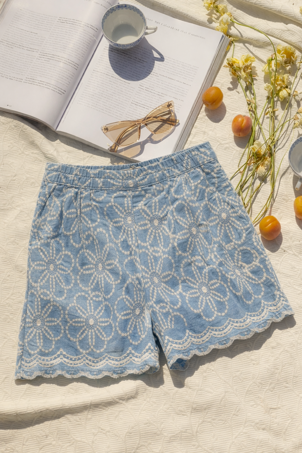 Blue Embroidered Cotton Shorts