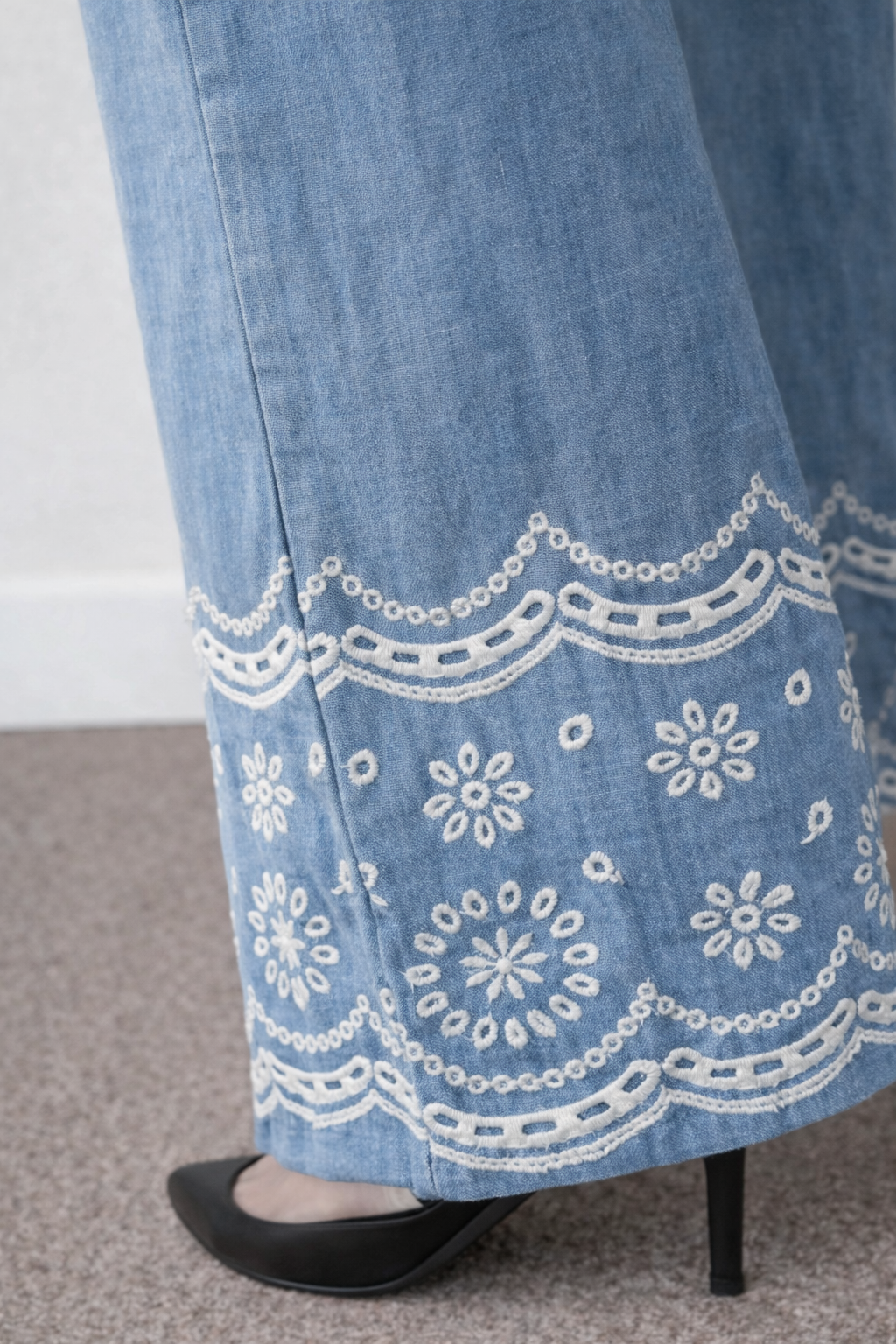 Blue Embroidered Wide-Leg Pants